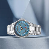 Titan Karishma Men's Watch Analog Blue Dial with Date & Silver Stainless Steel Band, 10038SM01